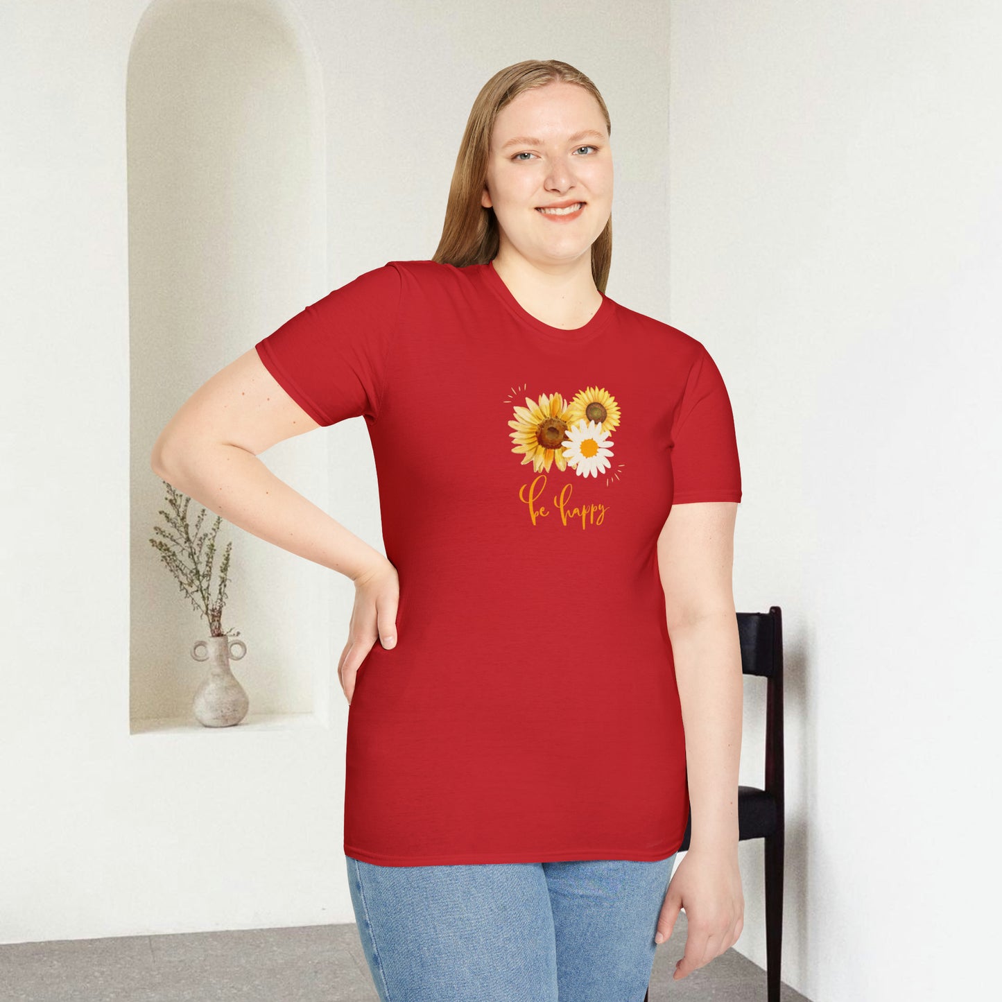 Be Happy Inspiration Gift, Sunflower T-shirt, Spring Gift Unisex Softstyle T-Shirt