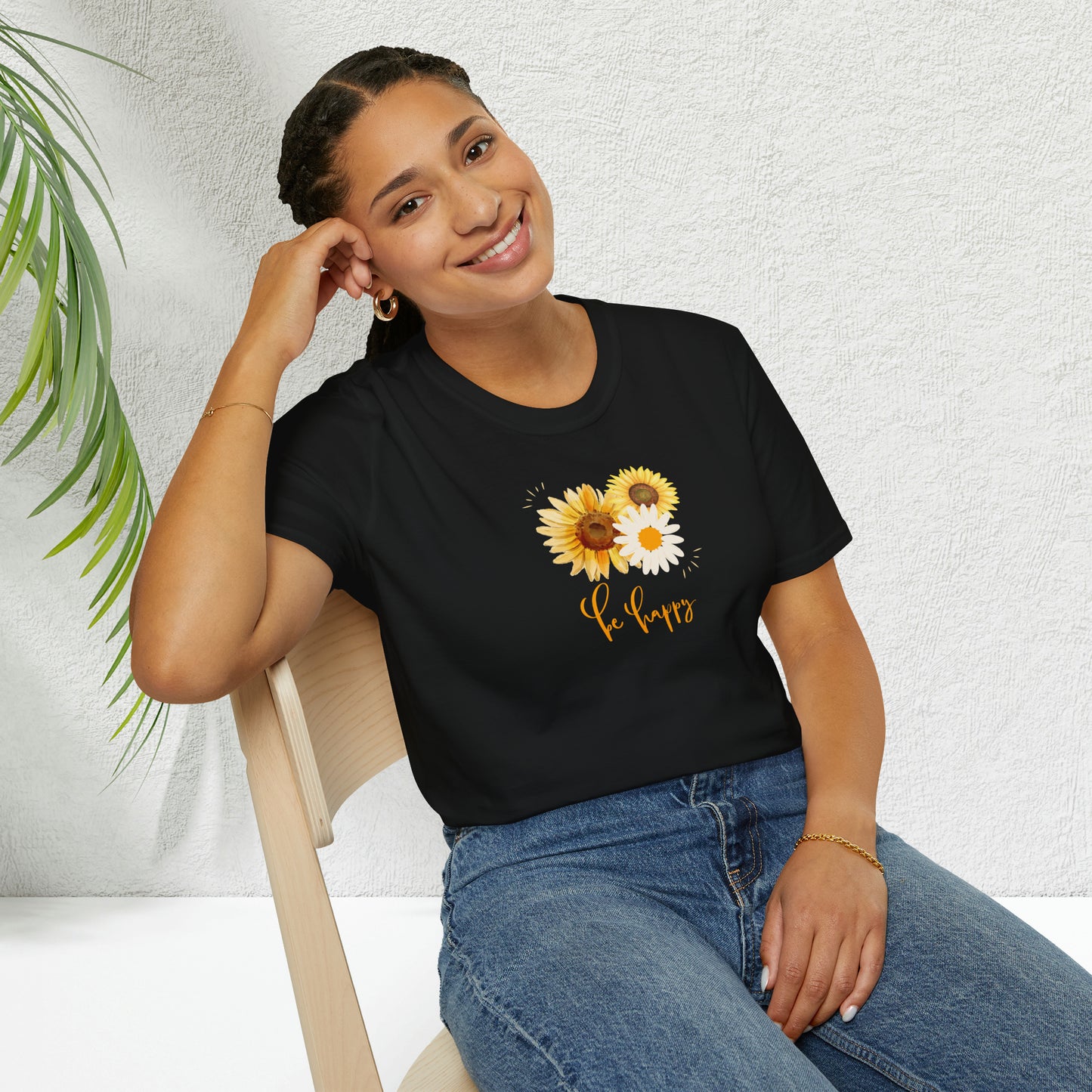 Be Happy Inspiration Gift, Sunflower T-shirt, Spring Gift Unisex Softstyle T-Shirt