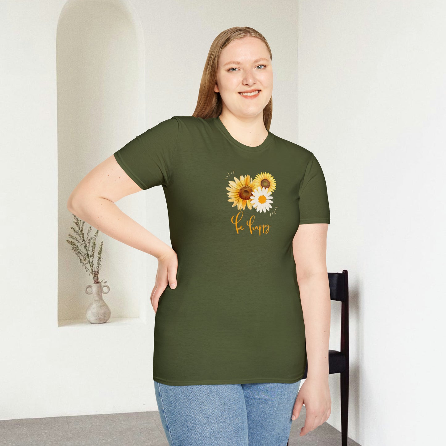 Be Happy Inspiration Gift, Sunflower T-shirt, Spring Gift Unisex Softstyle T-Shirt