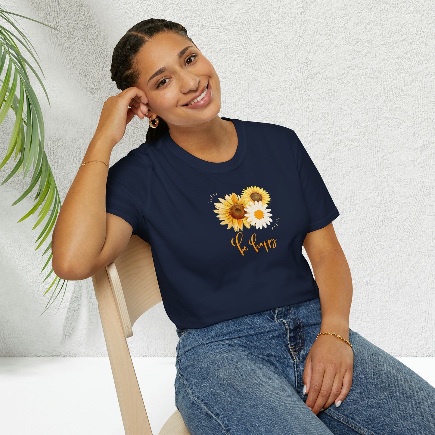 Be Happy Inspiration Gift, Sunflower T-shirt, Spring Gift Unisex Softstyle T-Shirt