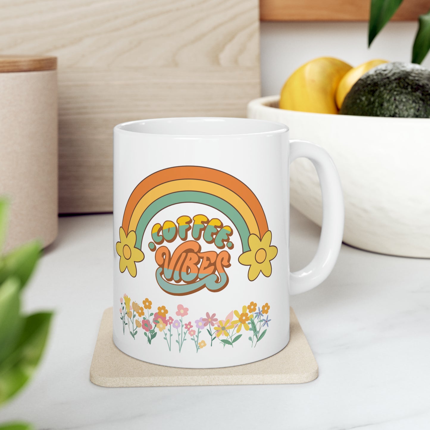 Coffee Lover Gift Flower Coffee Vibes Ceramic Mug, 11oz