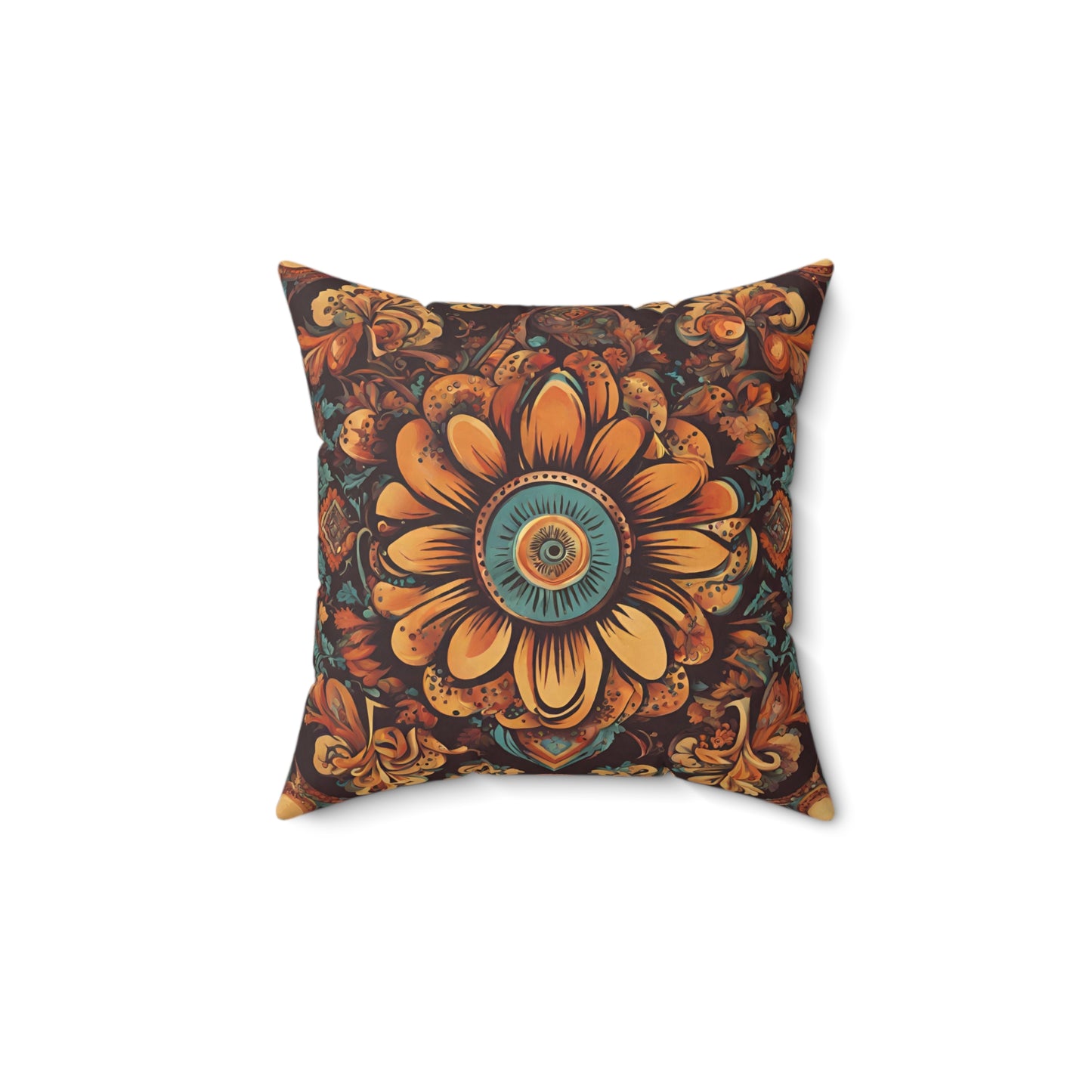 Boho Sun Flower in Brown and Muted Yellow Square Pillow, Sofa or Bed Decor Pillor