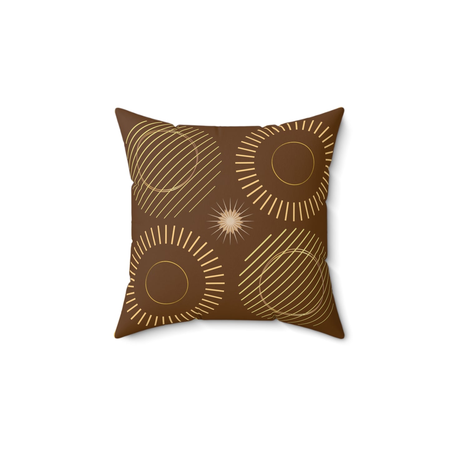 Boho Abstract Circles of Gold on Brown Square Pillow