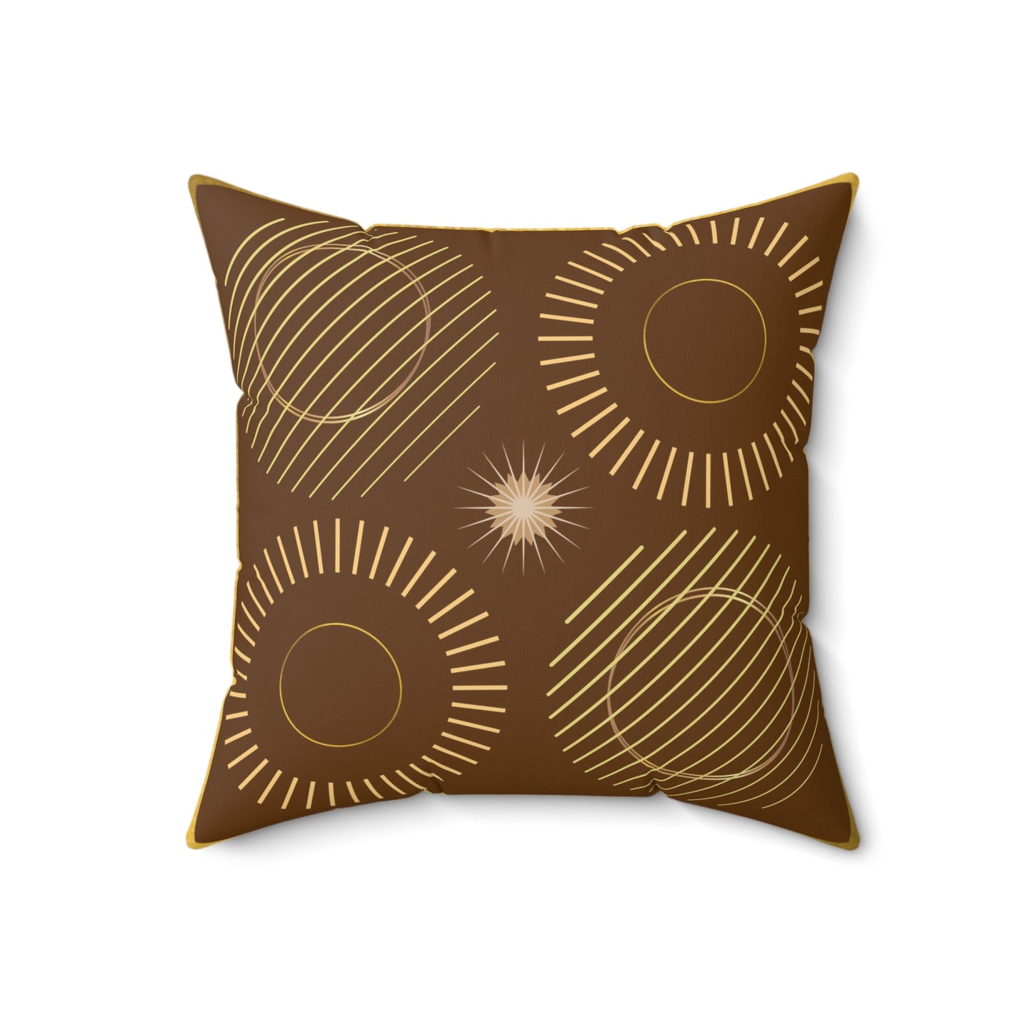 Boho Abstract Circles of Gold on Brown Square Pillow