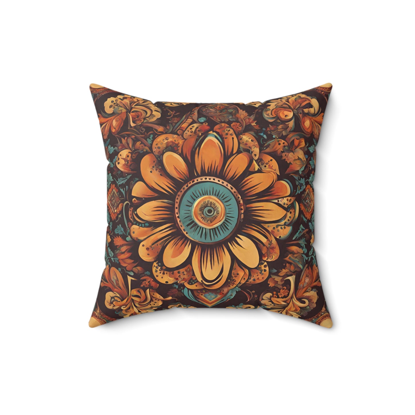 Boho Sun Flower in Brown and Muted Yellow Square Pillow, Sofa or Bed Decor Pillor