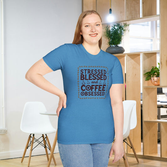 Coffee Lover T-shirt, Stressed Blessed T-shirt, Coffee Obsessed, Unisex Softstyle T-Shirt