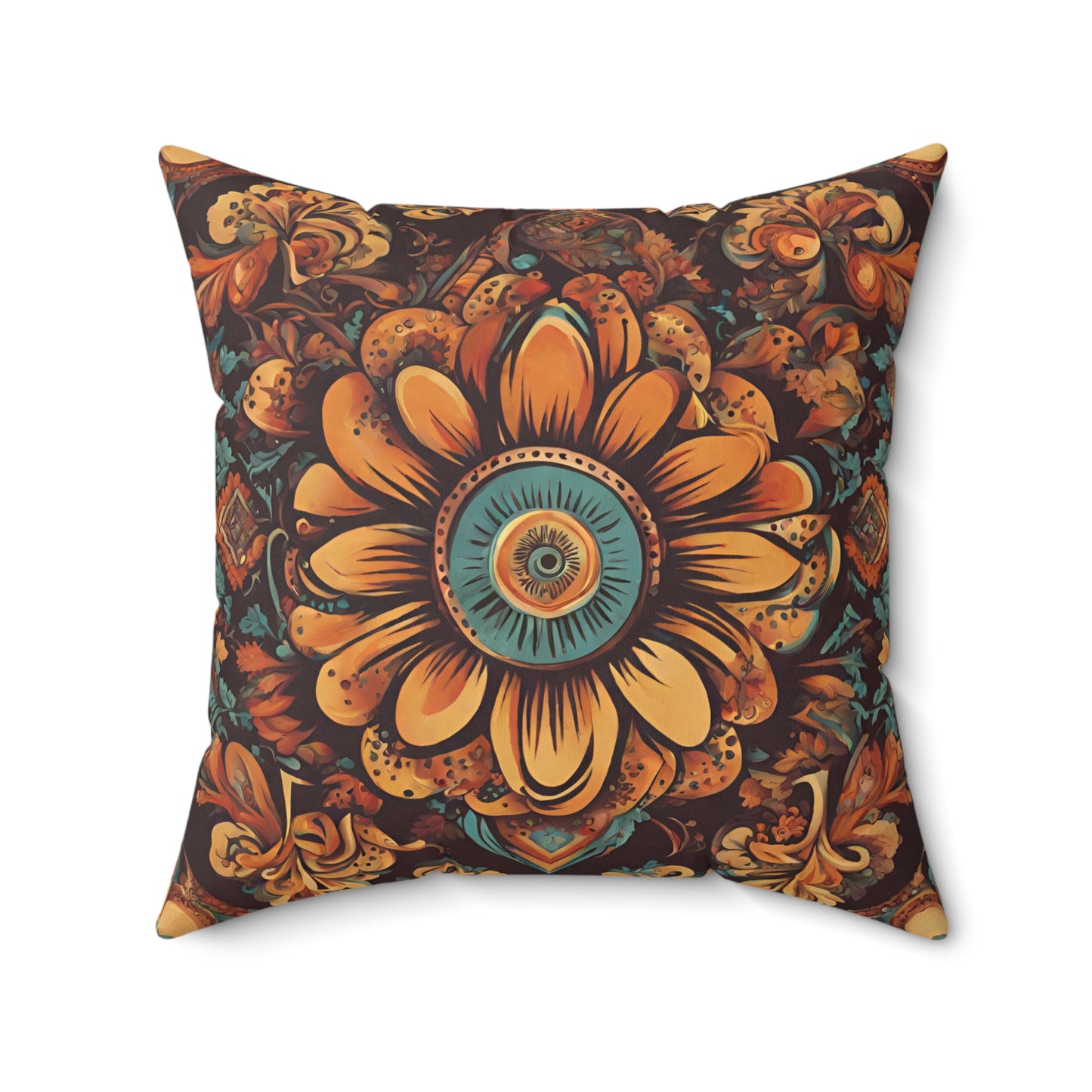 Boho Sun Flower in Brown and Muted Yellow Square Pillow, Sofa or Bed Decor Pillor