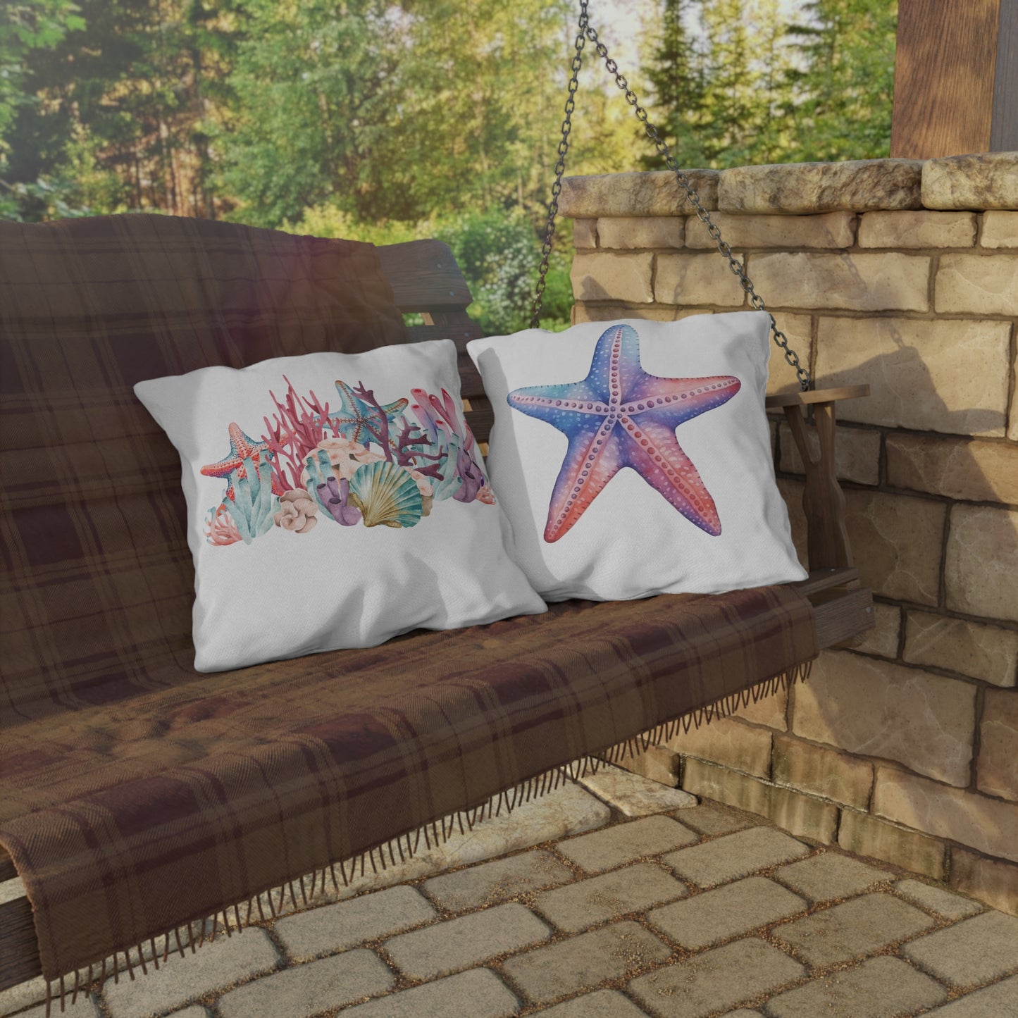 Coral Reef and Starfish Outdoor Pillows, Outdoor Decor, Housewarming Gift