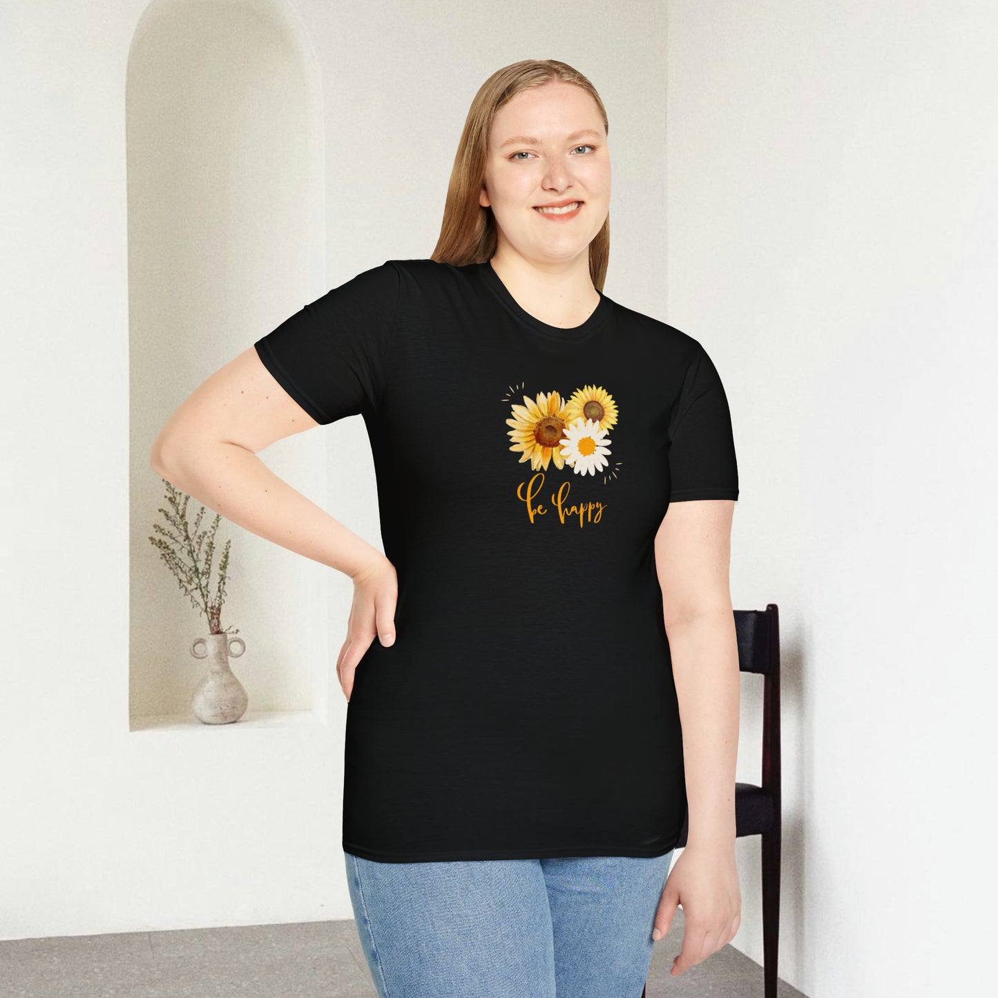 Be Happy Inspiration Gift, Sunflower T-shirt, Spring Gift Unisex Softstyle T-Shirt