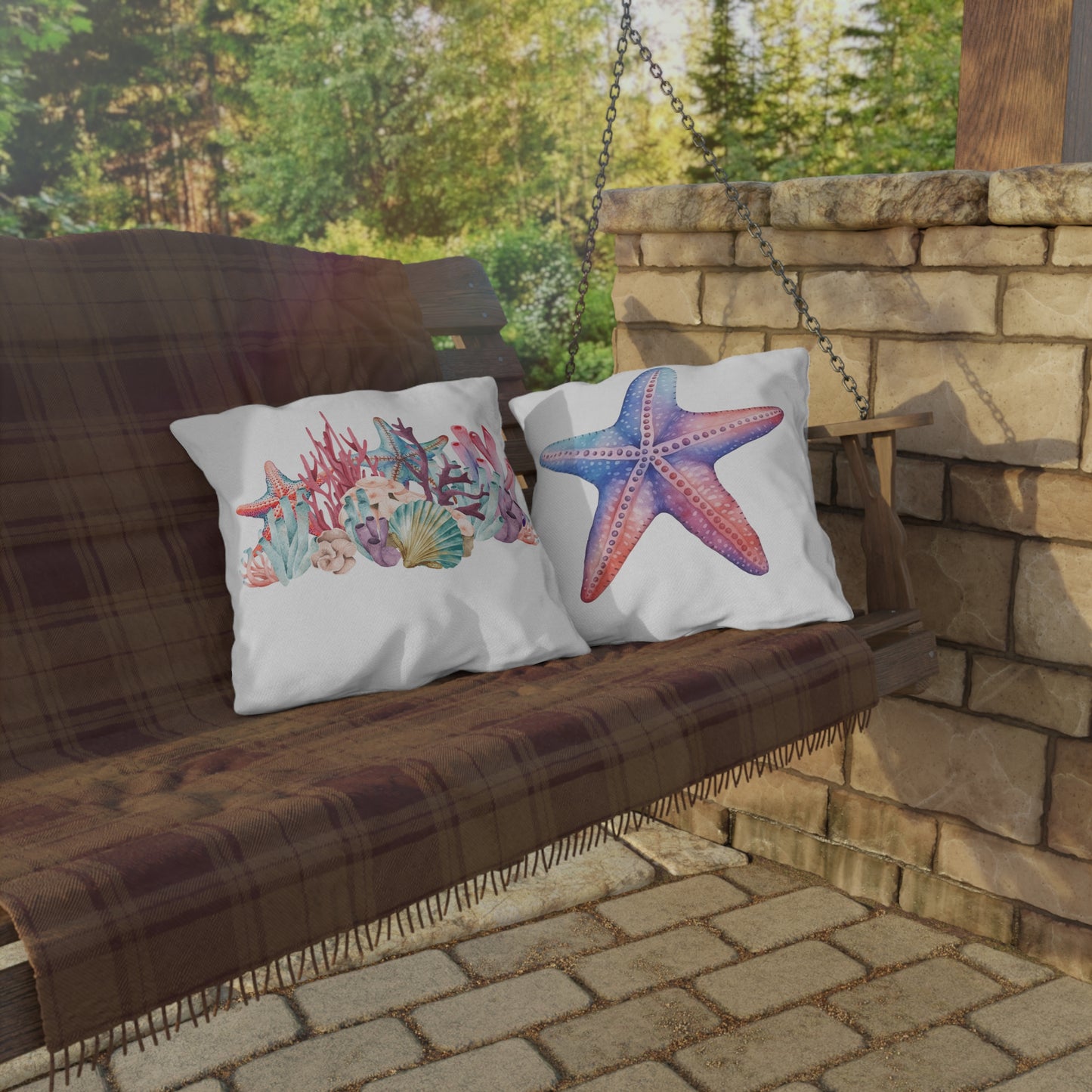 Coral Reef and Starfish Outdoor Pillows, Outdoor Decor, Housewarming Gift