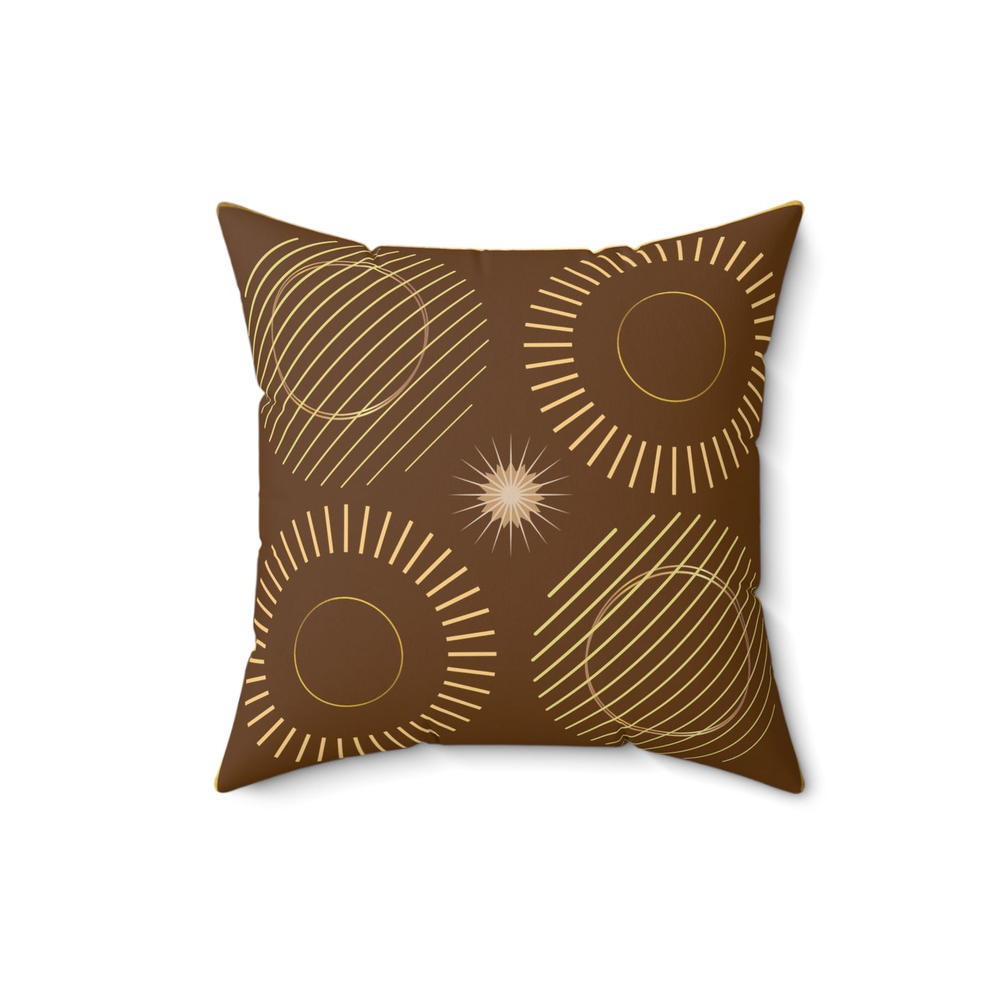 Boho Abstract Circles of Gold on Brown Square Pillow