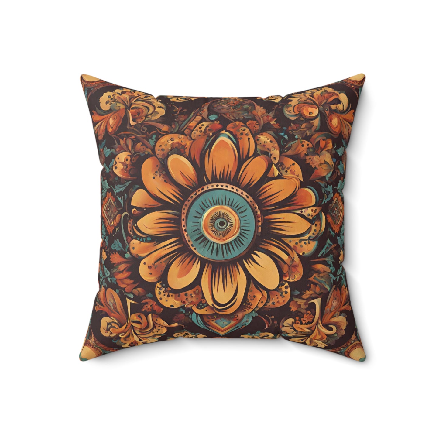 Boho Sun Flower in Brown and Muted Yellow Square Pillow, Sofa or Bed Decor Pillor