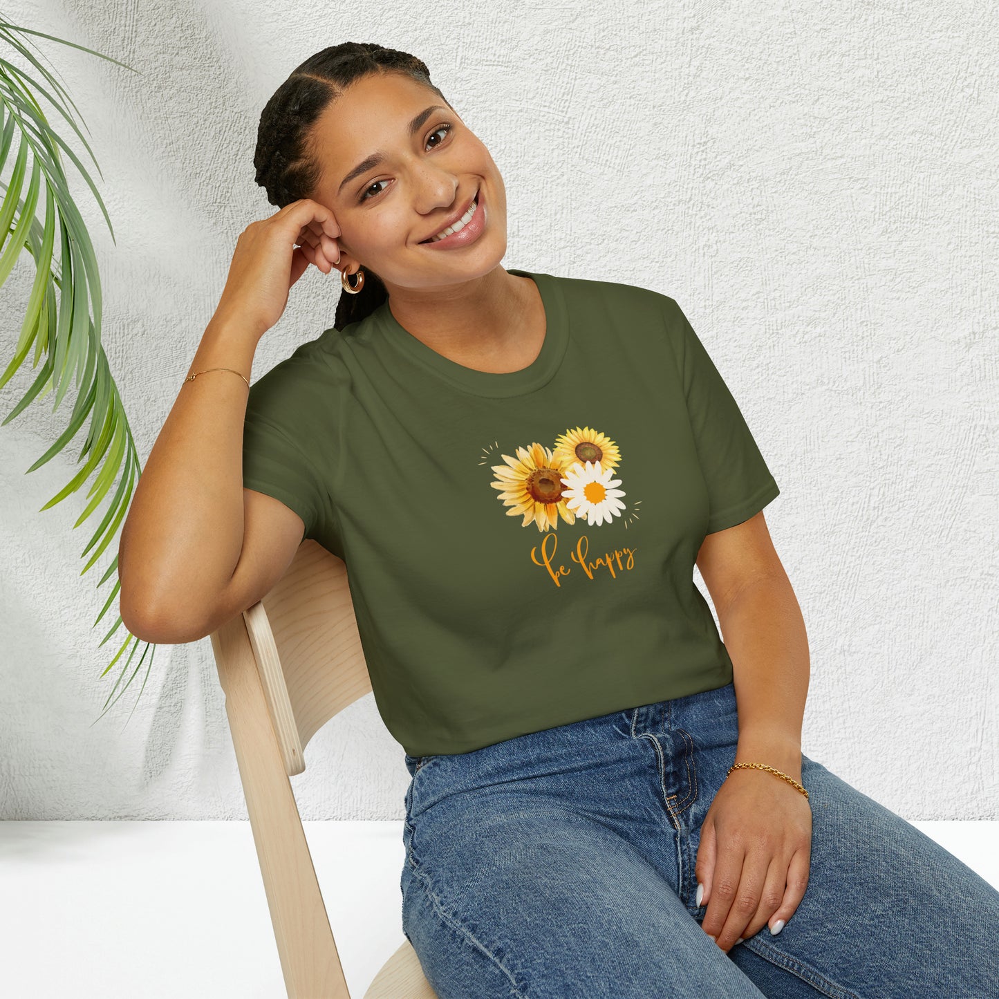 Be Happy Inspiration Gift, Sunflower T-shirt, Spring Gift Unisex Softstyle T-Shirt