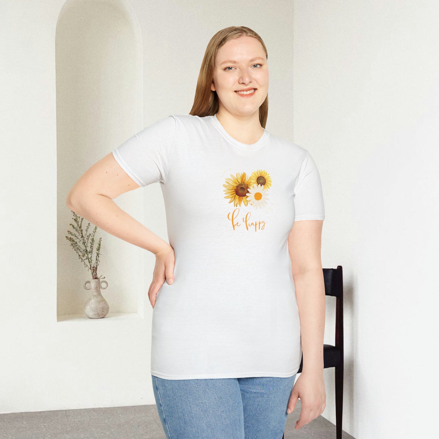 Be Happy Inspiration Gift, Sunflower T-shirt, Spring Gift Unisex Softstyle T-Shirt