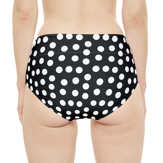 Polka Dot Bikini Bottom, Black and White High-Waist Hipster Bikini Bottom, Black and White Swimwear