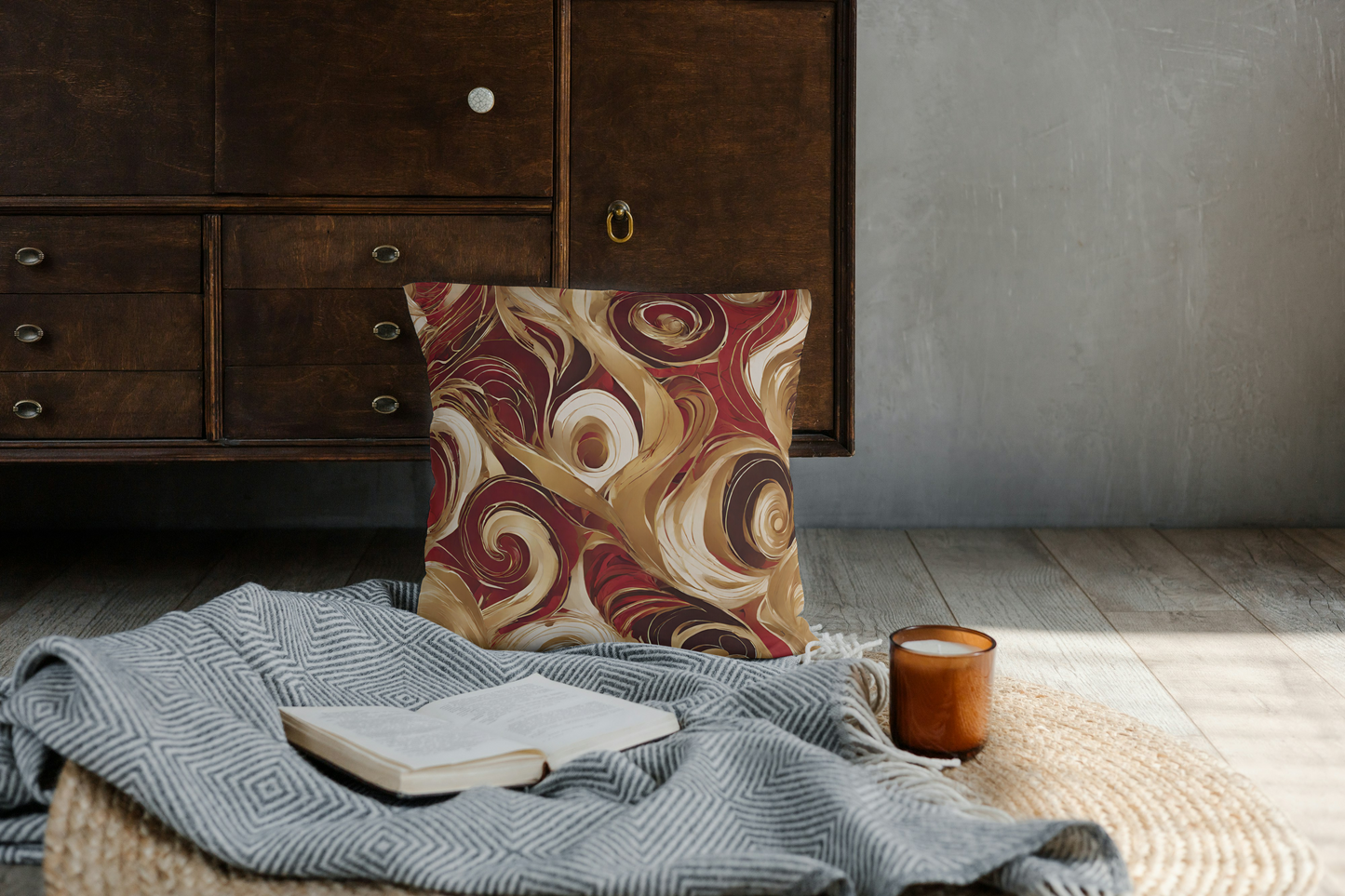 Red Gold Swirl Boho Faux Suede Pillow