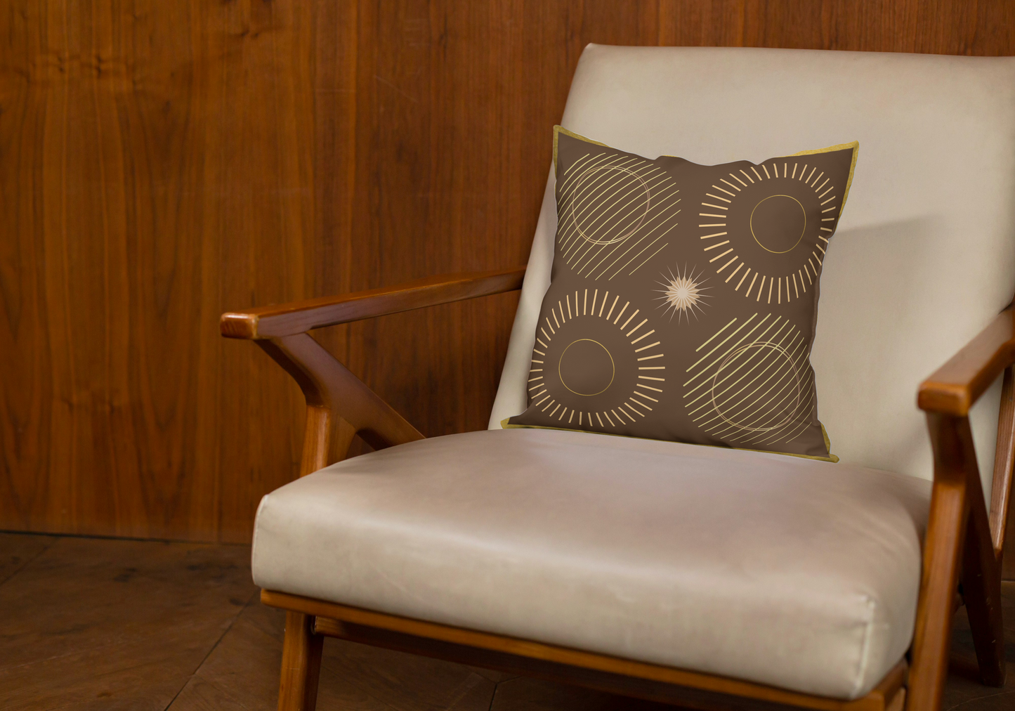 Boho Abstract Circles of Gold on Brown Square Pillow